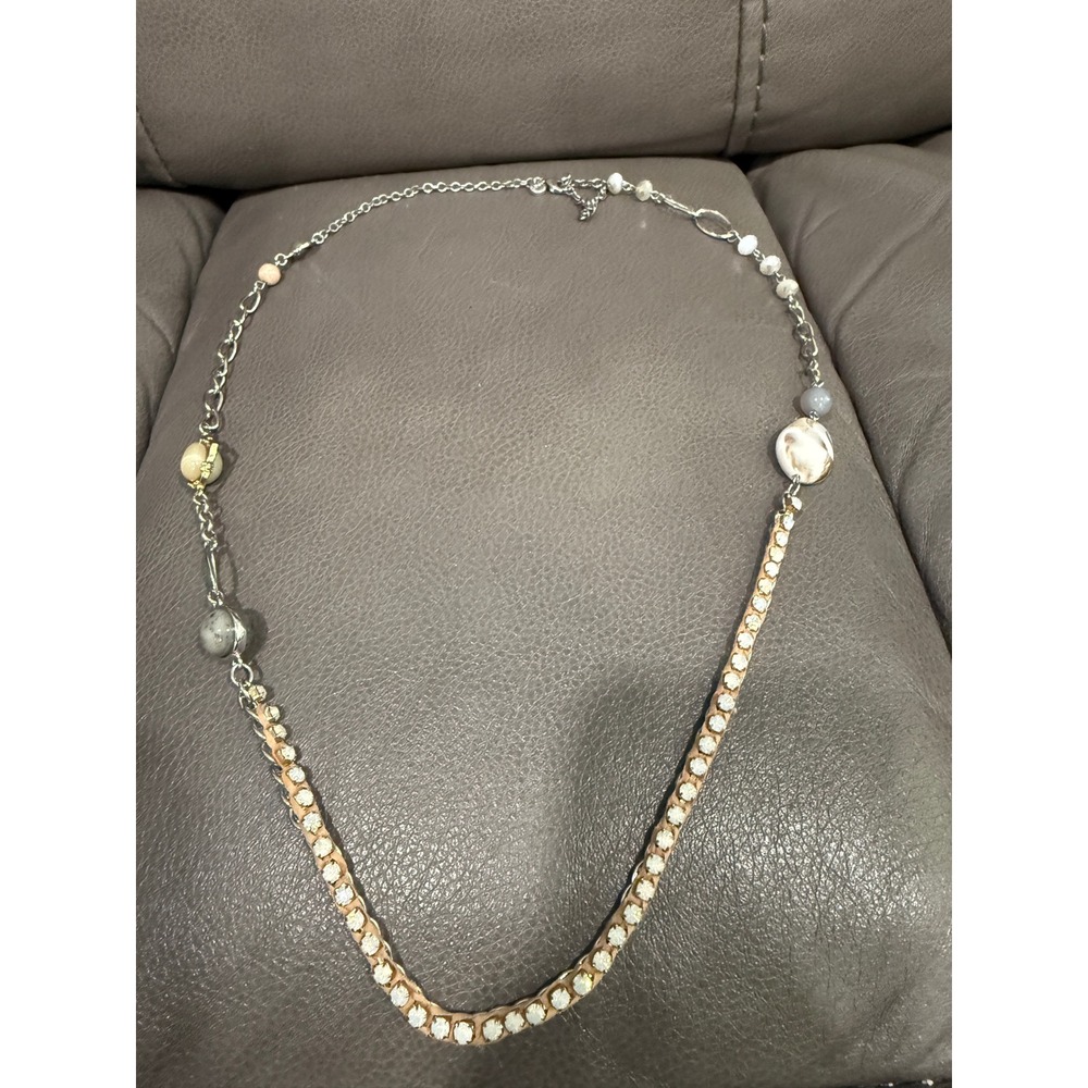 LOFT Mixed Media Long Necklace Silver Tone Tan Fabric Crystal Beaded‎ Statement